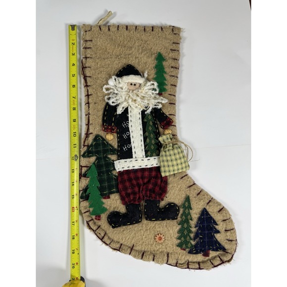 Vintage Tan Primitive Penny Felt Applique‎ Christmas Stocking Santa Clause - Picture 7 of 11